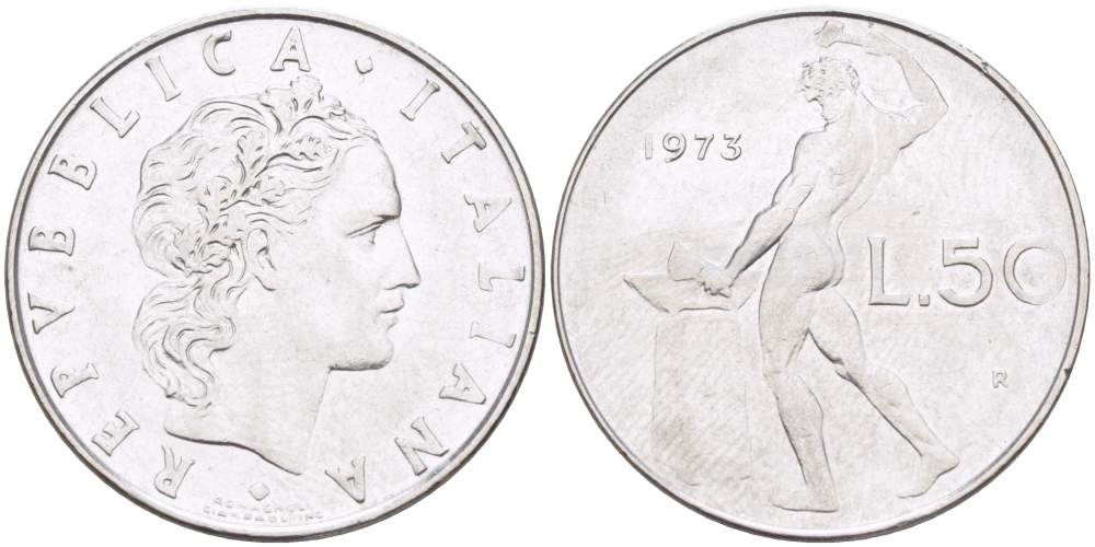 ИТАЛИЯ 50 ЛИР 1973 R, КУЗНЕЦ, ВУЛКАН БОГ ОГНЯ, ДИАМЕТР 25 ММ. KM 95.1 нержавеющая сталь 113-721
