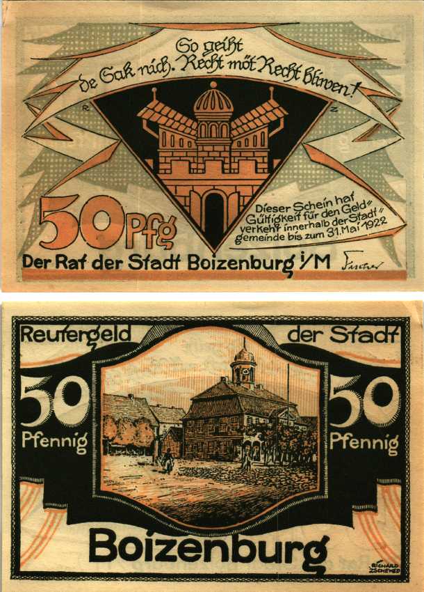 БОЙЦЕНБУРГ 50 ПФЕННИГОВ 1922 НОТГЕЛЬД, 31 МАЯ 1922, ЗЕМЛЯ МЕКЛЕНБУРГ ПЕРЕДНЯЯ ПОМЕРАНИЯ Grabowski 134.1a бумага 6318-40-1-2