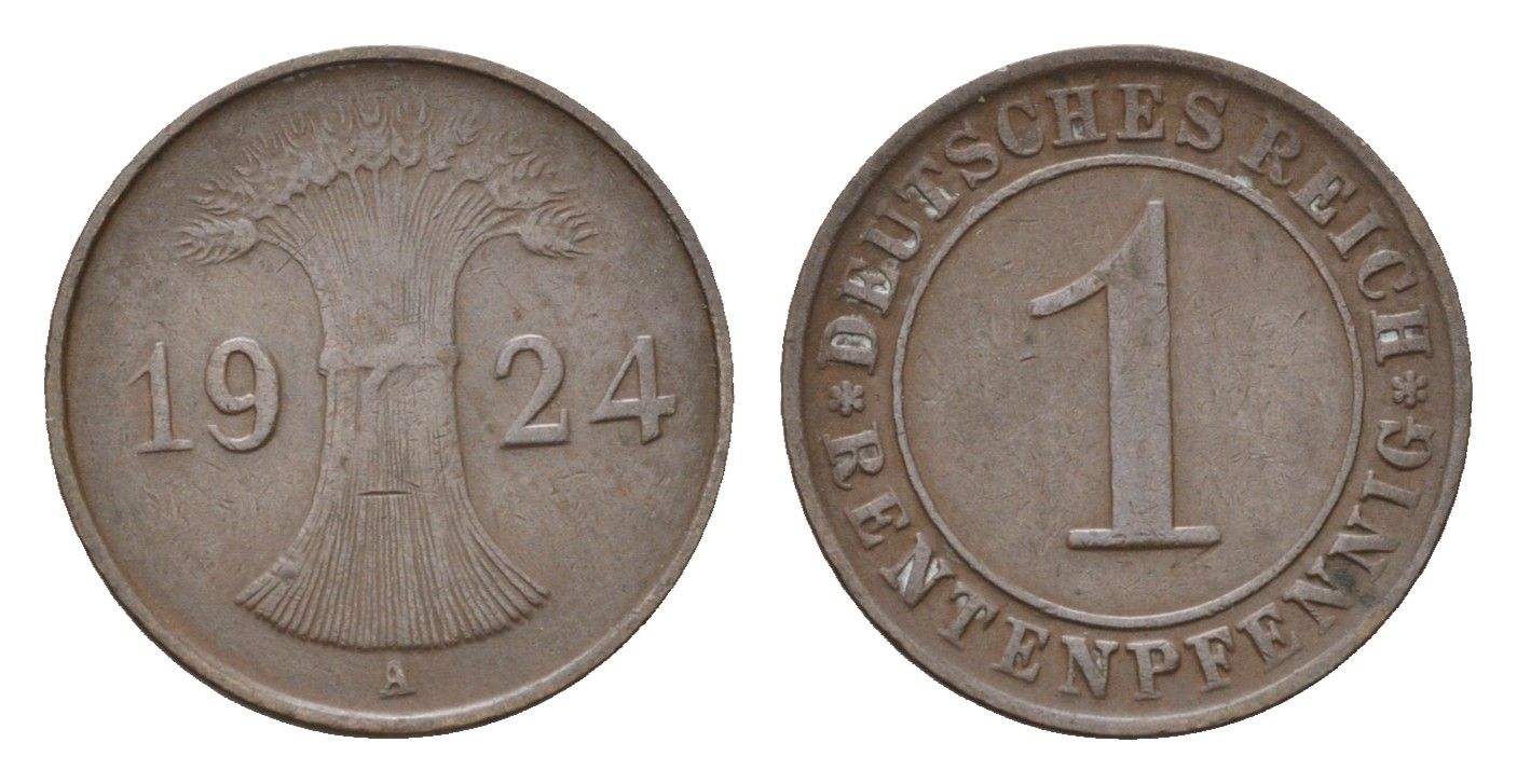 Германия 1 рентенпфенниг 1924 A KM 30, J. 306 бронза 4696-558