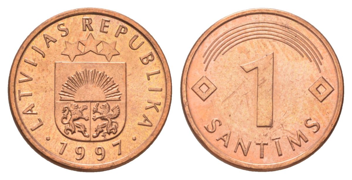 Латвия 1 сантим 1997 KM 15 сталь плакированная медью UNC 4617-651