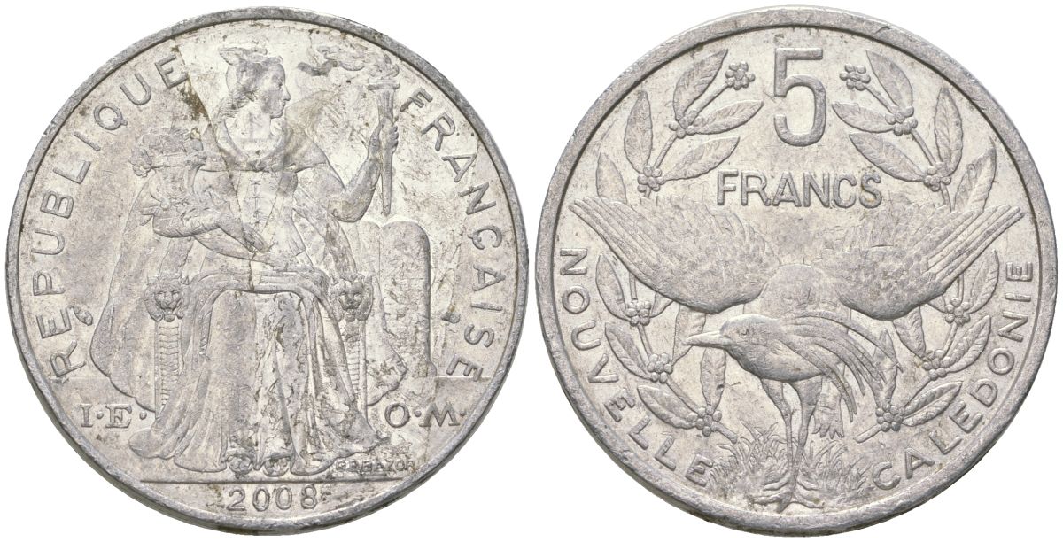 Французская Новая Каледония 5 франков 2008 птица кагу, (IEOM) KM 16, Schoen 12, Lec 81k алюминий 215-624