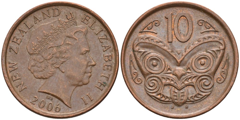 Новая Зеландия 10 центов 2006 маска Маори, Елизавета II (1952-) KM 117а сталь плакированная медью 186-432
