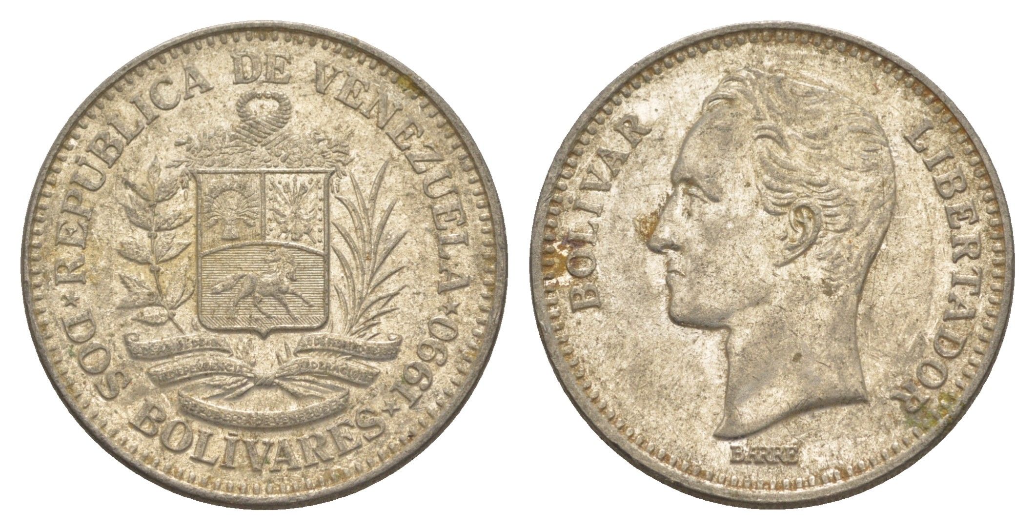 Венесуэла 2 боливара 1990 Симон Боливар Y 43a сталь плакированная никелем 4583-511