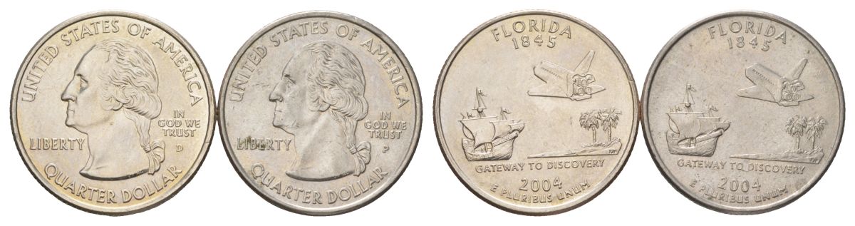 США набор обоих монетных дворов 25 центов (квотер, 1/4 доллара) 2004 D и P, Квотер штата Флорида KM 356 медь плакированный медно-никелем UNC 4628-1246-1247