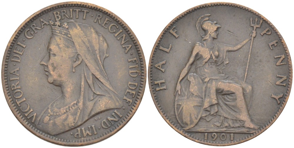 Великобритания 1/2 пенни 1901 Виктория (1837-1901) KM 789, Spink 3962 бронза 4543-1257