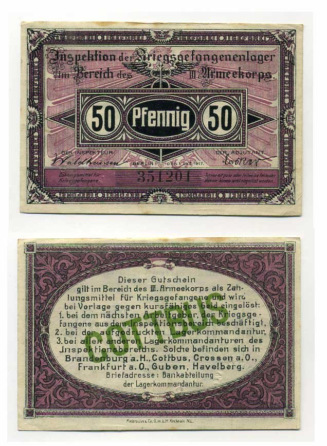 Германия 50 пфеннигов 1917 инспекция лагерей военнопленных в Котбусе, III-ий Армейский корпус C-2836 бумага UNC (пресс) 000-00-00
