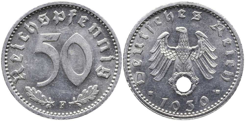 Германия 50 рейхспфеннигов 1939 F J. 372, KM 96 алюминий UNC 00-000-00