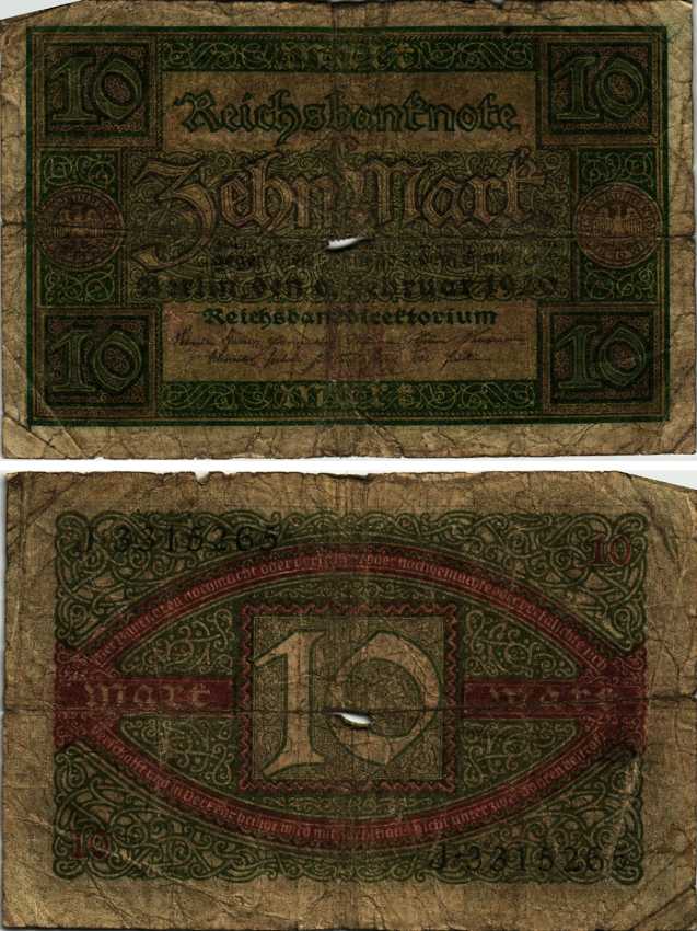 ГЕРМАНИЯ 10 МАРОК 1920 6 ФЕВРАЛЯ 1920, БУКВА D, СЕРИЯ J, СЕМЬ ЦИФР В НОМЕРЕ СЕРИИ Pick 67a, Rosenberg 63а бумага 7183-60-1-1