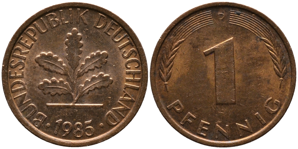 ФРГ 1 ПФЕННИГ 1985 D KM 105, J.380 сталь плакированная медью 96-1121