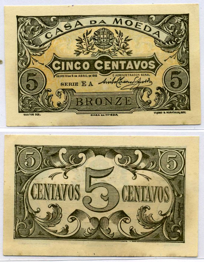 Португалия 5 сентаво бронзовых 1918 Casa da Moeda, коричневая Pick 99 бумага aUNC 7220-38-1-2