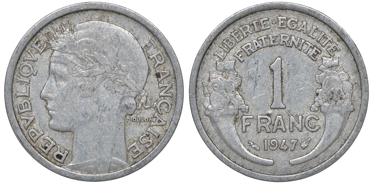 Франция 1 франк 1947 KM 885a.1 алюминий 4163-434