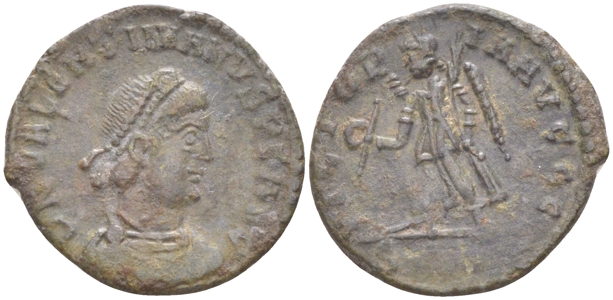 Римская Империя центенионалий 378 - 383 Валентиниан II, бюст императора, DN VALENTINIANVS PF AVG / Виктория, VICTORIA AVGGG, Рим (из немецкой коллекции 1-й половины XX века, с владельческим конвертом) RIC 48 (с) бронза 1073-14-106