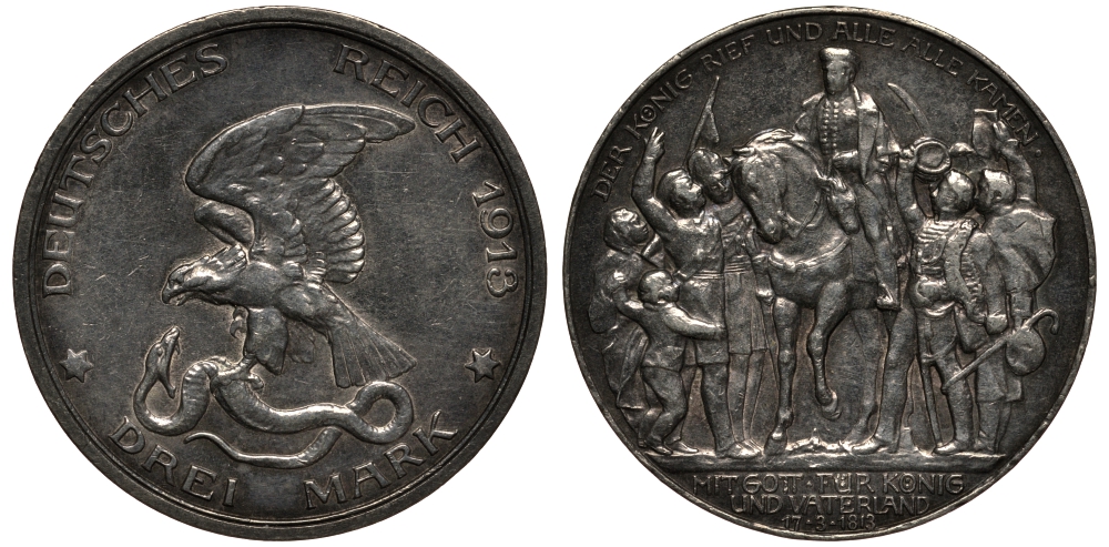 Пруссия 3 марки 1913 Вильгельм II (1888-1918), 100 лет победы над Наполеоном KM 534, J. 110 серебро 3711-1315