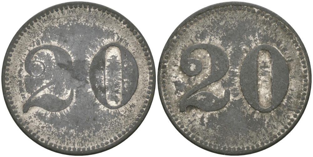 ФРАНЦИЯ 20 САНТИМОВ ND ПЛАТЕЖНЫЙ ЖЕТОН НАЧАЛА XX ВЕКА, ЦИФРЫ НОМИНАЛА 10 ММ., ДИАМЕТР 22 ММ. цинк 98-1011
