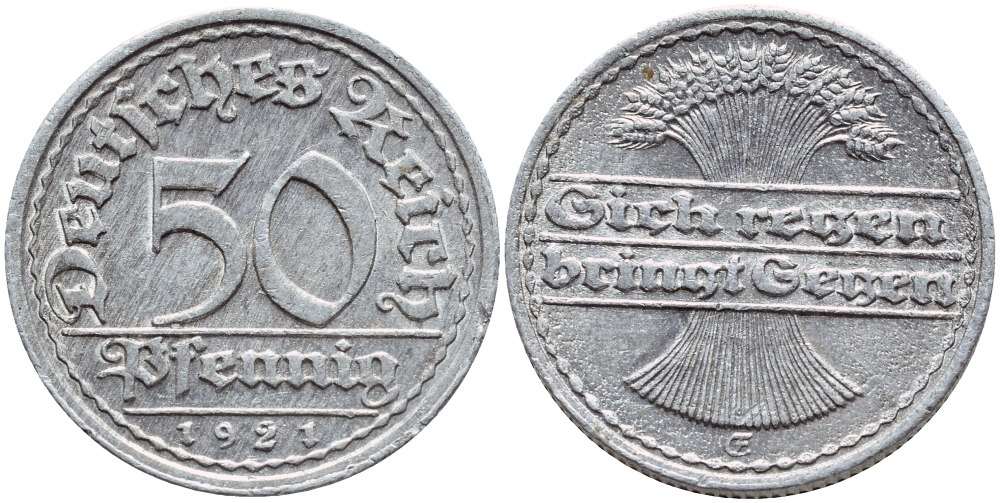 Германия 50 пфеннигов 1921 GF KM 27, J 301 алюминий 4364-2724
