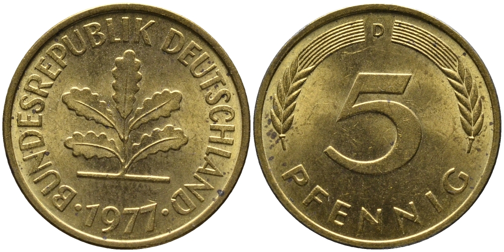 ФРГ 5 пфеннигов 1977 D KM 107, J.382 сталь плакированная латунью 99-114