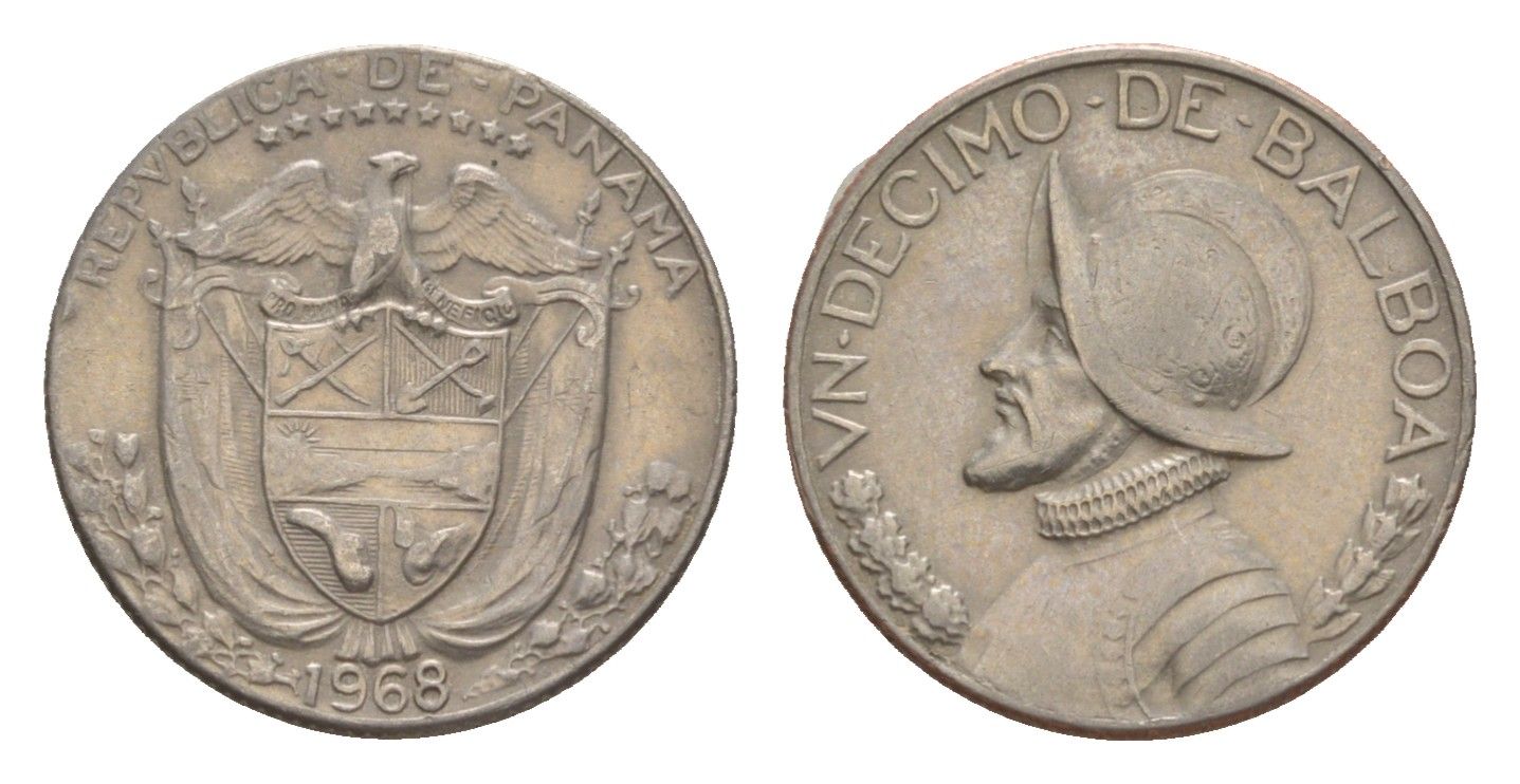 Панама 1/10 бальбоа (10 сентесимо) 1968 KM 10 медь плакированная медно-никелем 4644-132