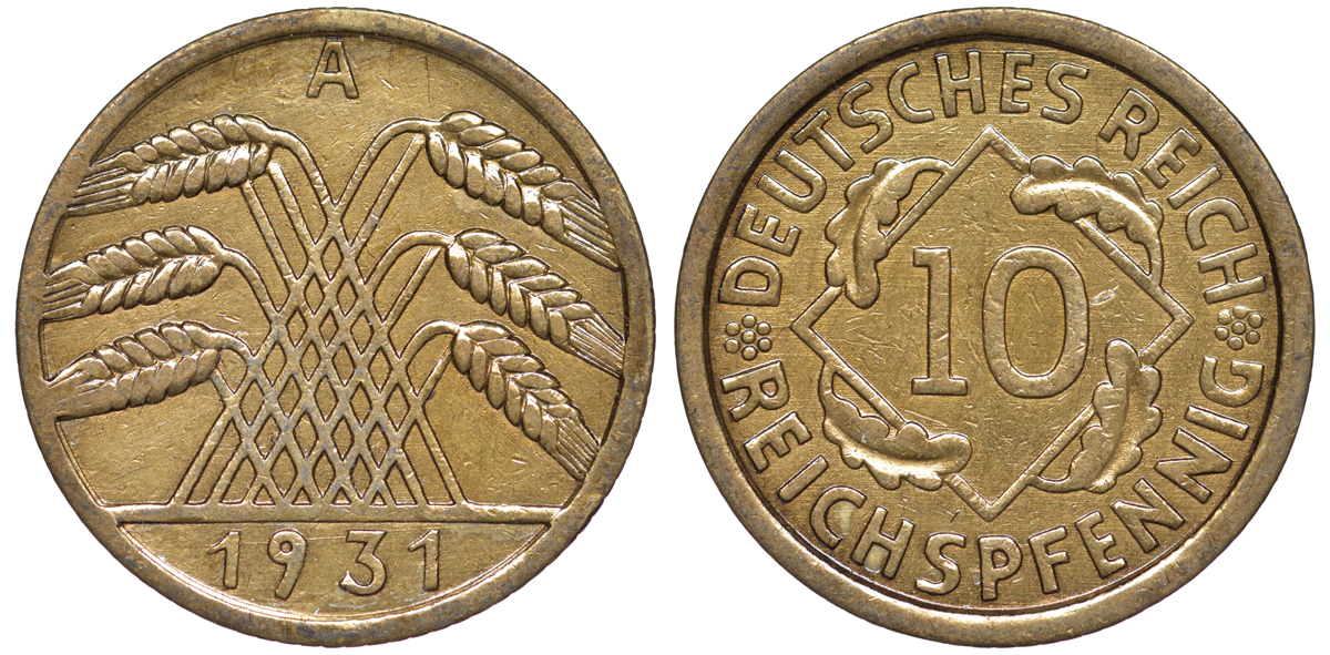Германия 10 рейхспфеннигов 1931 A KM 40, J. 317 алюминиевая бронза 4604-715