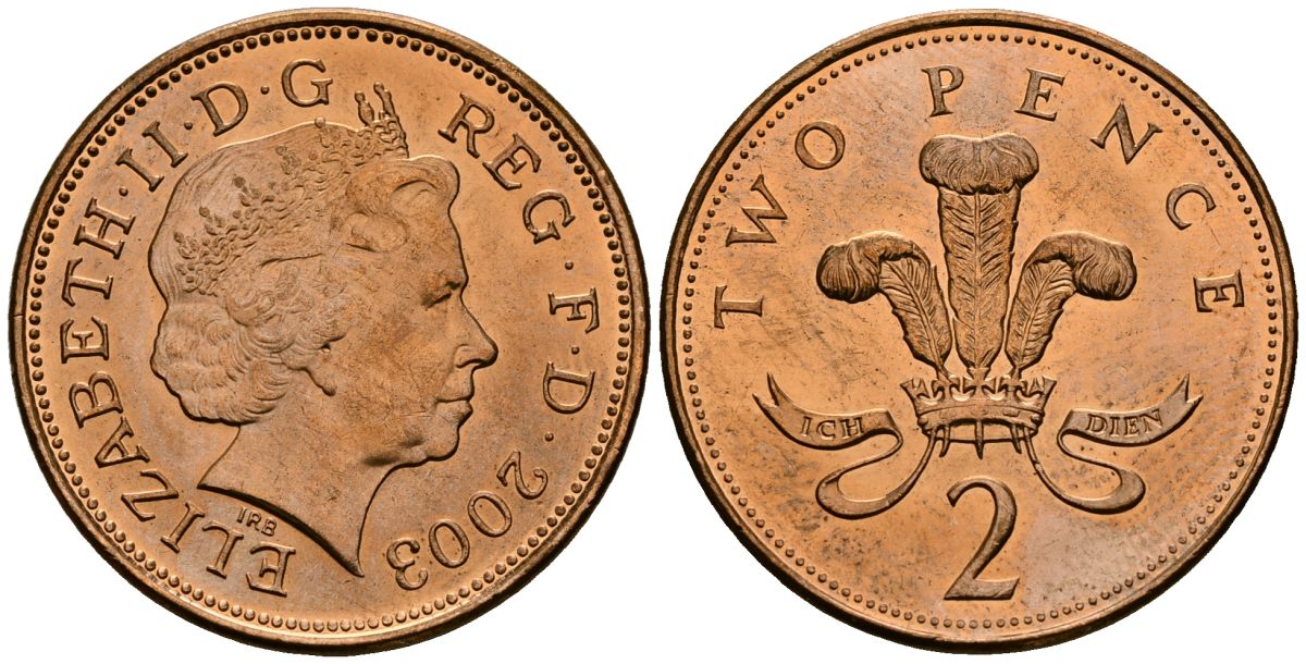 Великобритания 2 пенса 2003 Елизавета II (1952-2022) KM 987, Spink 4690 (C5) сталь плакированная медью 4545-141