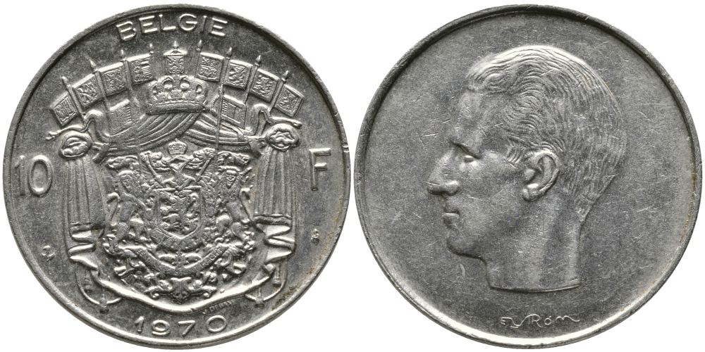 БЕЛЬГИЯ 10 ФРАНКОВ 1970 BELGIE, БОДУЭН I (1951-1993) KM 156.1 никель 97-836