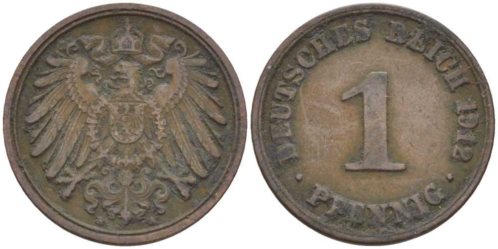 ГЕРМАНИЯ 1 ПФЕННИНГ 1912 А KM 10, J. 10 медь 201-943