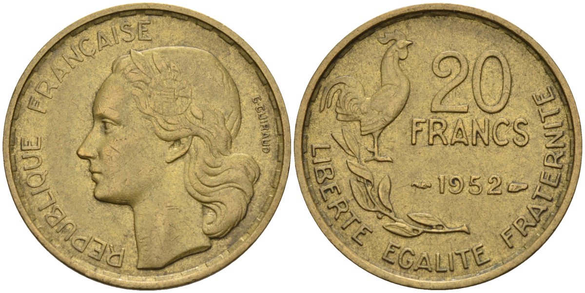 Франция 20 франков 1952 тип Guiraud KM 917.1, Le Franc 402.9 алюминиевая бронза 4116-1156