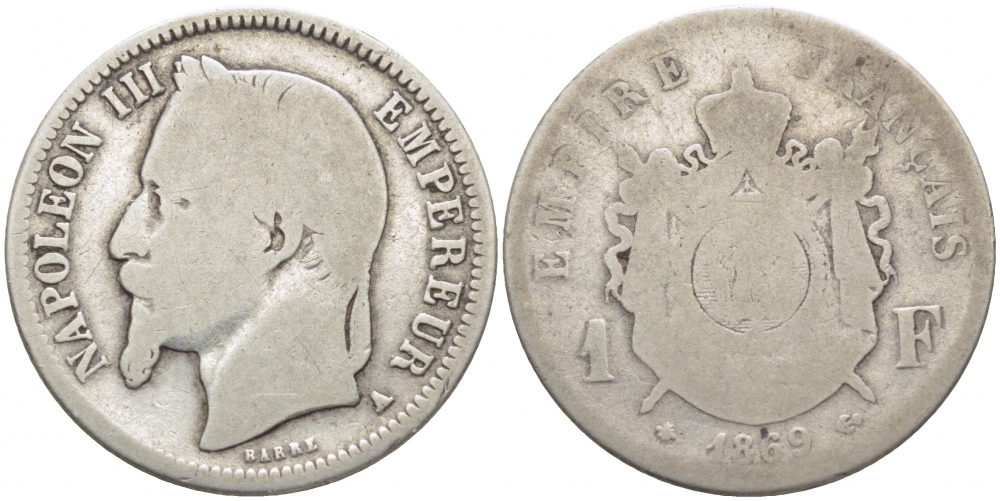 Франция 1 франк 1869 А, Наполеон III KM 806.1 серебро 4448-313
