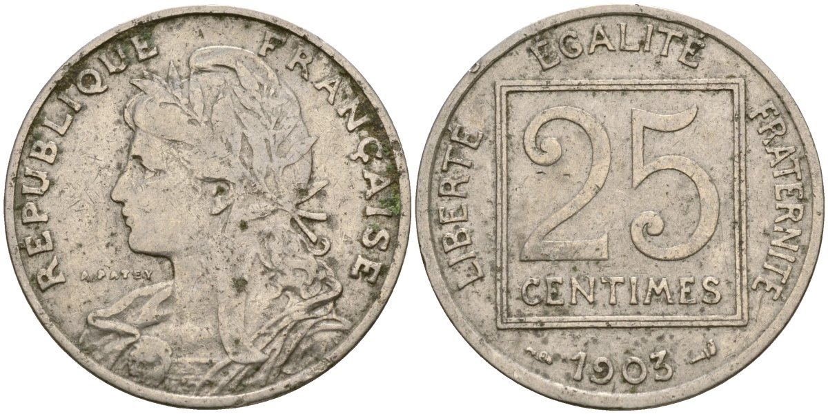 Франция 25 сантимов 1903 Patey 1er Type KM 855, Le Franc 168.3 никель 51-3247