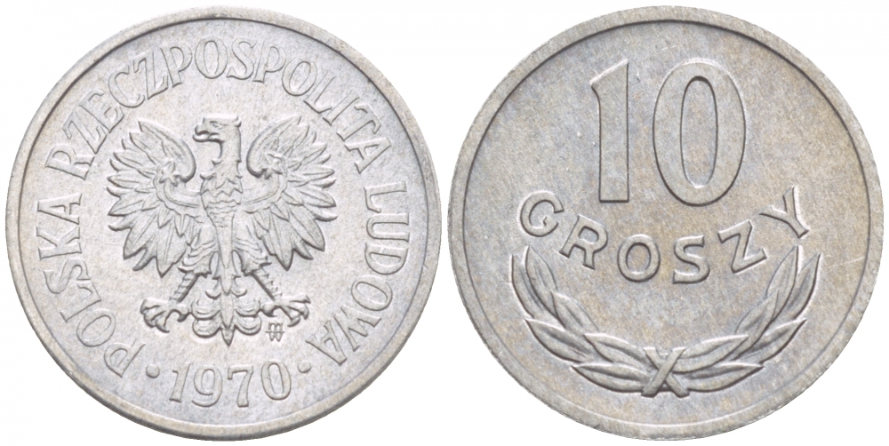 ПОЛЬША 10 ГРОШЕЙ 1970 MW KM АА47 алюминий UNC 4547-863
