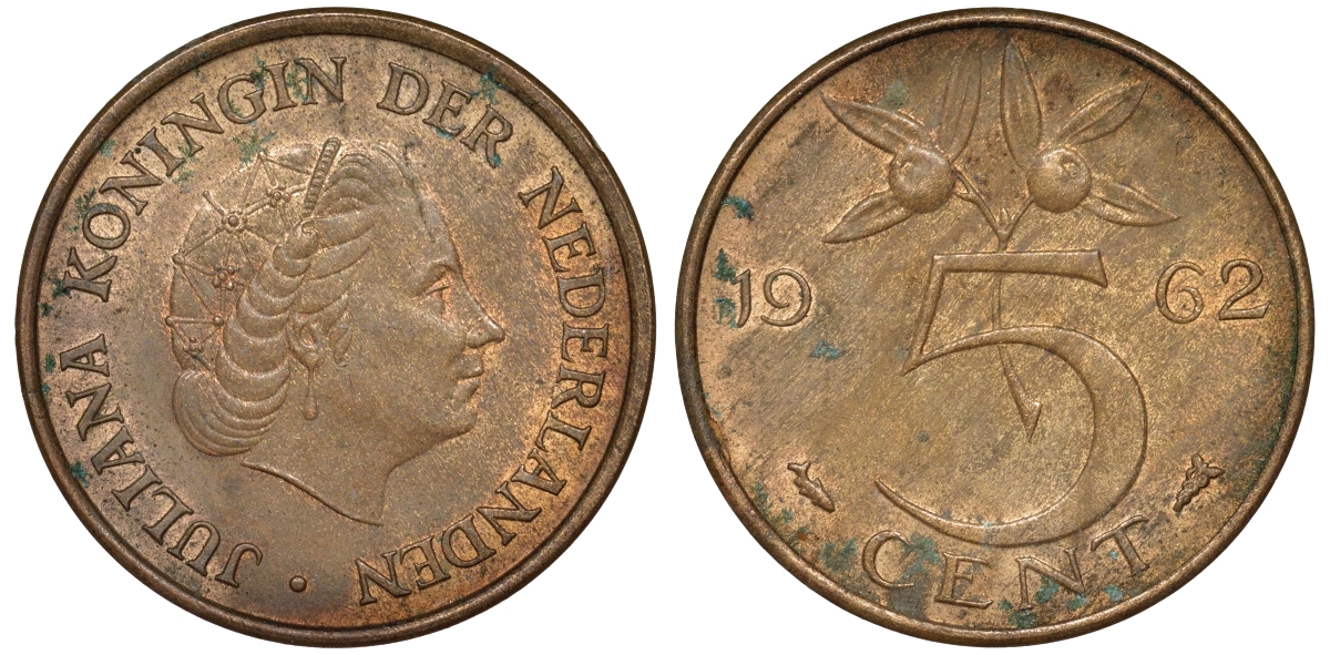 Нидерланды 5 центов 1962 Юлиана (1948-1980) KM 181 бронза 51-1345