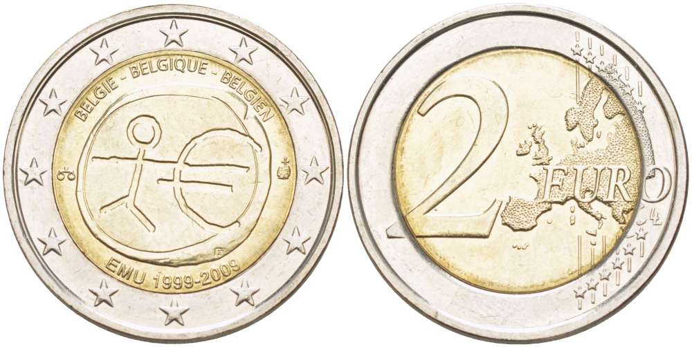Бельгия 2 евро 2009 10 лет монетарной политики ЕС (EMU) и введения евро KM 282 биметалл UNC 4517-731