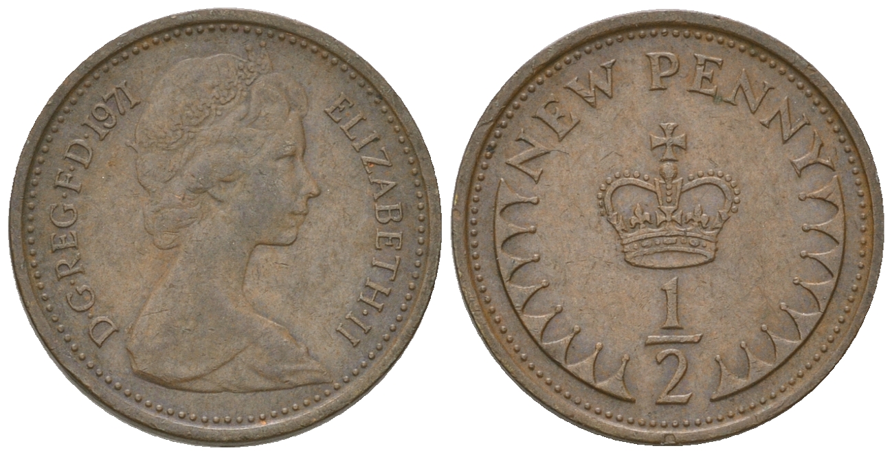 Великобритания 1/2 пенни 1971 Елизавета II (1952-2022) KM 914, Spink 4239 бронза 4668-1165
