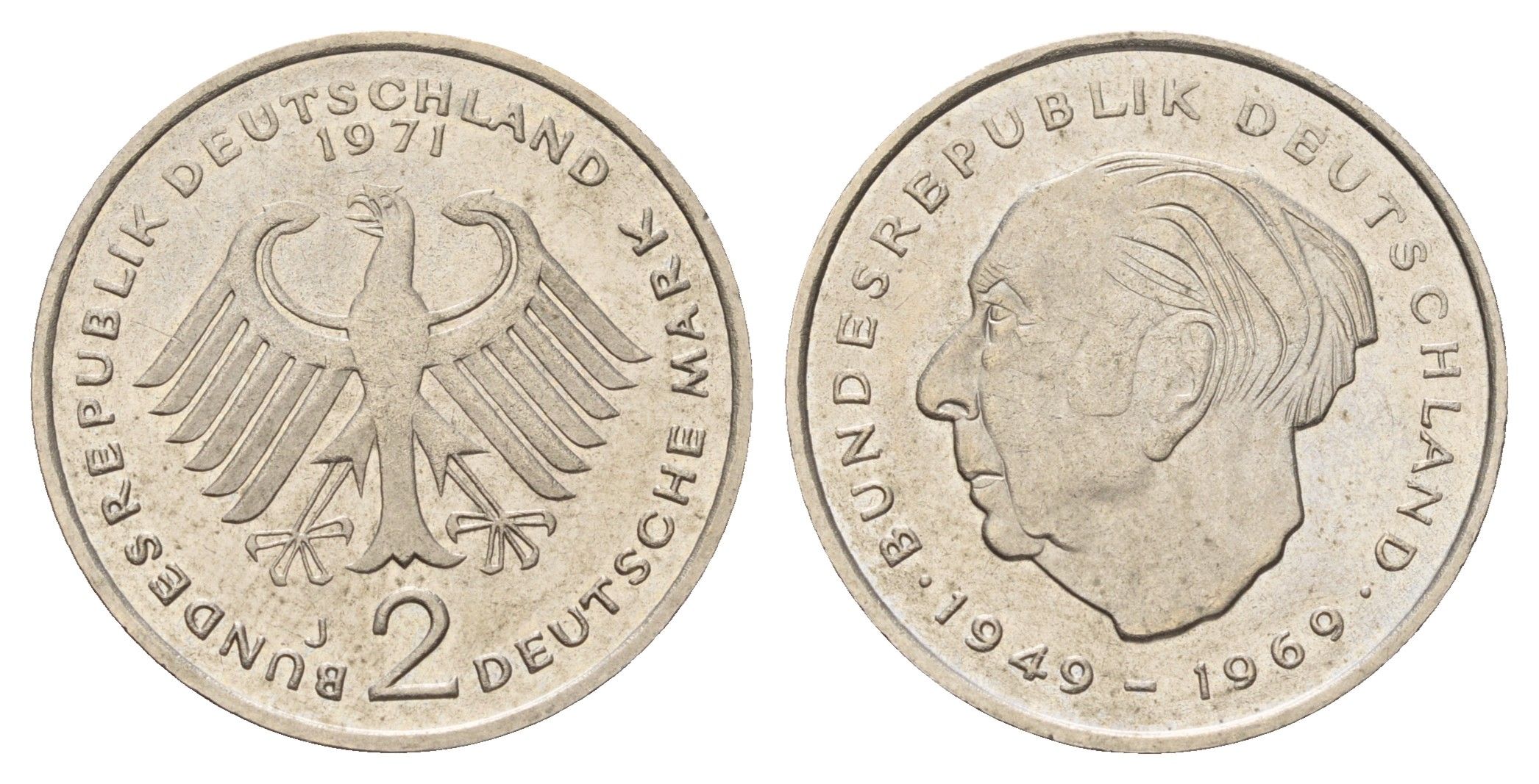 ФРГ 2 марки 1971 J, Теодор Хойс KM A127, J. 407 медно-никель 3459-956