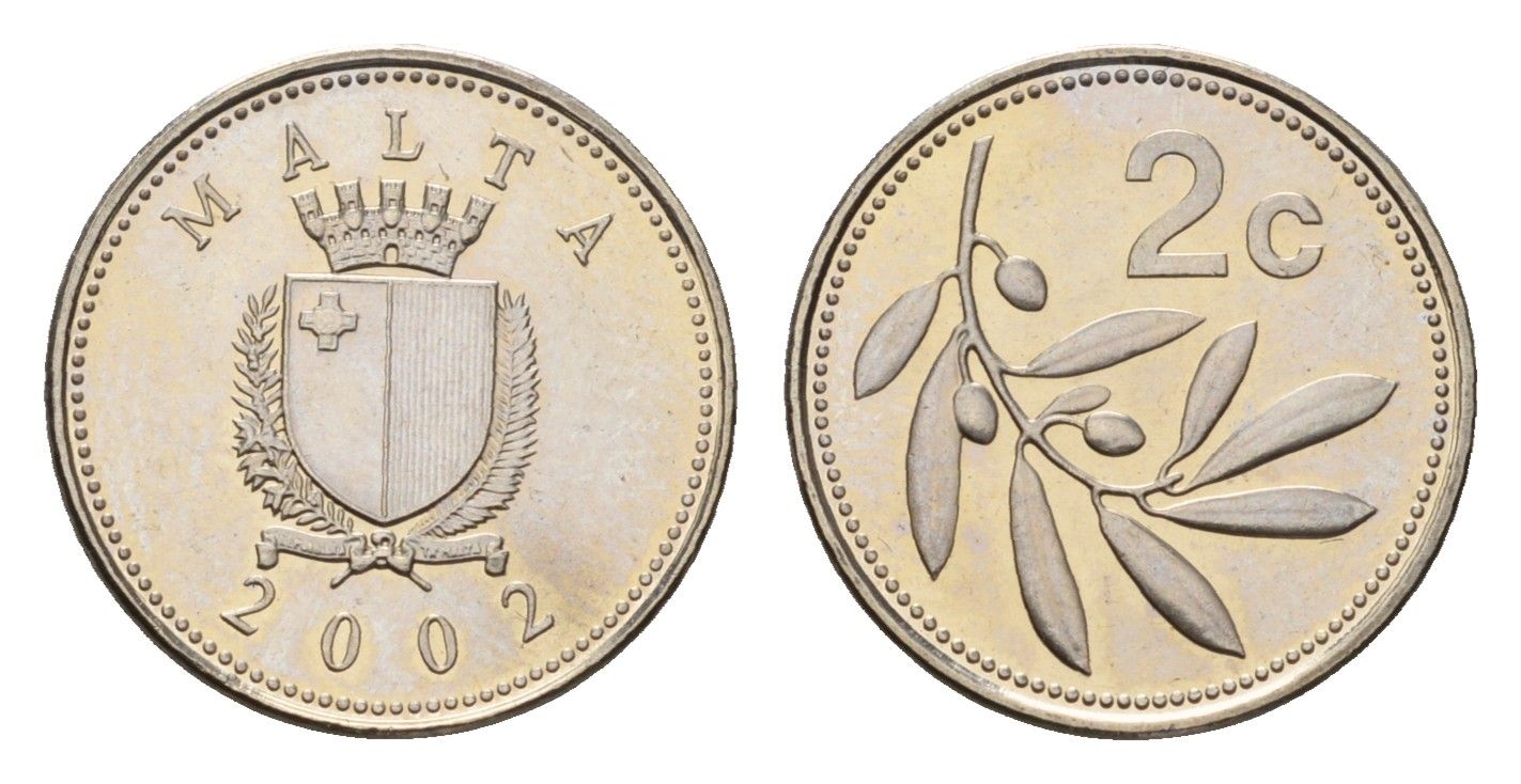 Мальта 2 цента 2002 оливковая ветвь KM 94 медно-никель UNC 4164-319