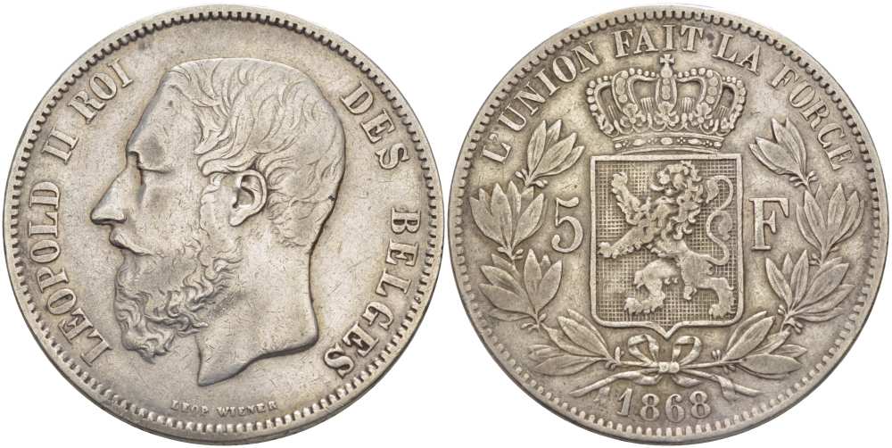 Бельгия 5 франков 1868 Леопольд II (1865-1909) KM 24 серебро 4184-613