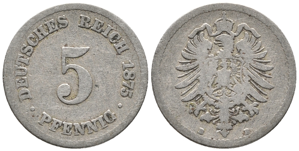 ГЕРМАНИЯ 5 ПФЕННИГОВ 1875 B, СТАРОГЕРБОВКА KM 3, J. 3 медно-никель 39-361