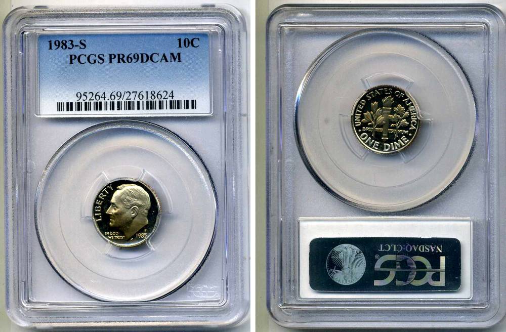 США 10 центов (дайм) 1983 S, президент Рузвельт, в слабе PCGS PR69CAM KM 195а медь плакированная медно-никелем PROOF 15-002-05