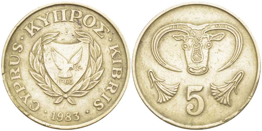 Кипр 5 центов 1983 голова быка KM 55.1 никель латунь 119-1224