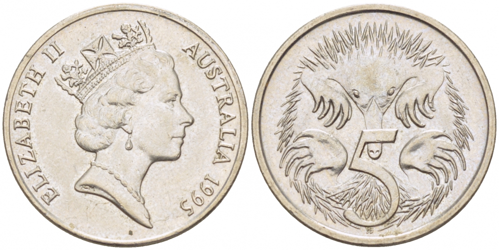 АВСТРАЛИЯ 5 ЦЕНТОВ 1995 ЕЛИЗАВЕТА II, ВТОРОЙ ПОРТРЕТ В КОРОНЕ, ЕХИДНА KM 80 медно-никель 3851-1138