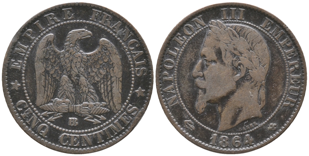 ФРАНЦИЯ 5 САНТИМОВ 1864 ВВ, НАПОЛЕОН III (1852-1870) KM 797.2, LE FRANC 117.12 бронза 34-442