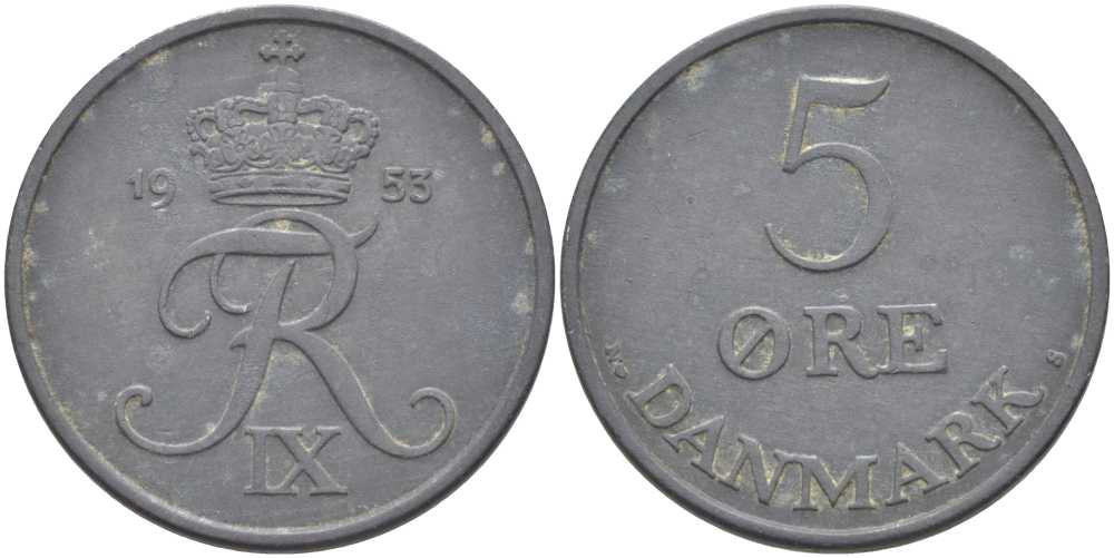 Дания 5 эре 1953 N; S, Фредерик IX KM 843.1 цинк 110-1052