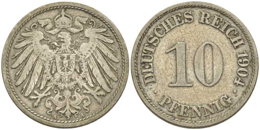 Германия 10 пфеннигов 1904 A KM 12, J. 13, Weege 8 медно-никель 259-844