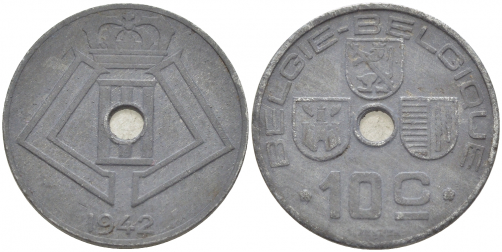 БЕЛЬГИЯ 10 САНТИМОВ 1942 BELGIE-BELGIQUE, ГЕРМАНСКАЯ ОККУПАЦИЯ, ВТОРАЯ МИРОВАЯ ВОЙНА KM 126 цинк 3718-543