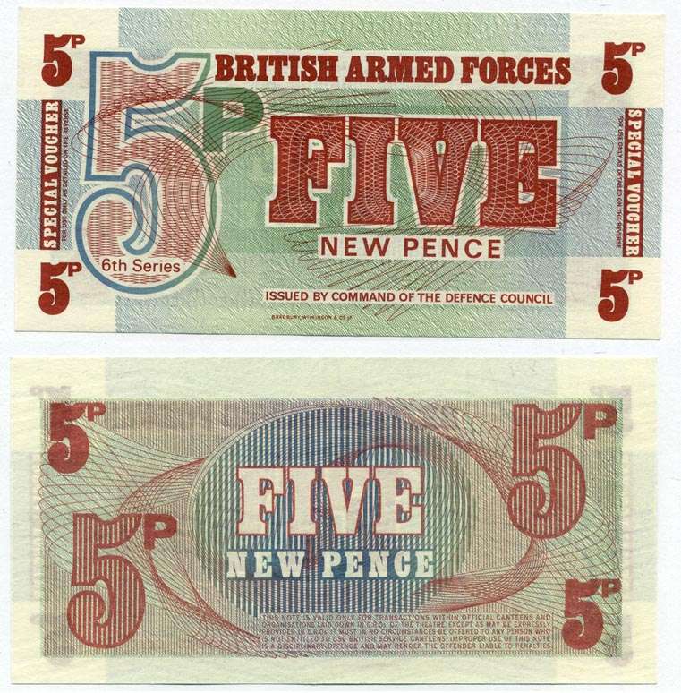 АНГЛИЯ 5 ПЕНСОВ 1972 6 СЕРИЯ, ДЛЯ ВООРУЖЁННЫХ СИЛ Pick М44 бумага UNC (ПРЕСС) 6262-4-3-1