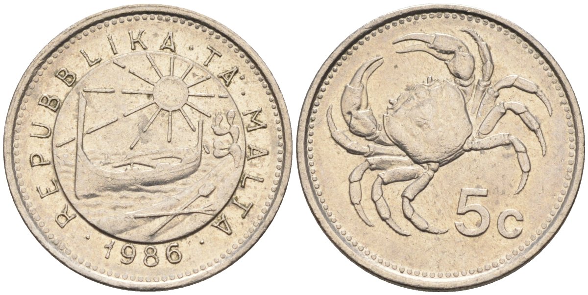 Мальта 5 центов 1986 краб KM 77 медно-никель 3309-353