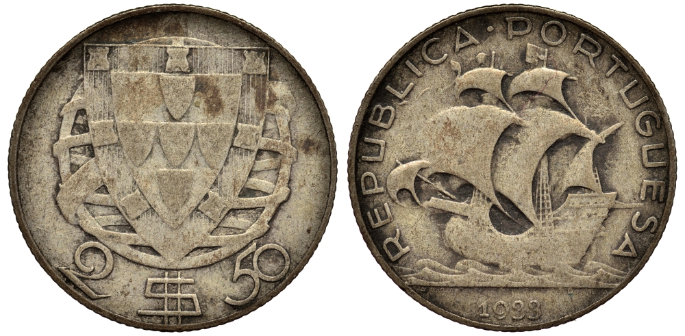 ПОРТУГАЛИЯ 2,5 ЭСКУДО 1933 ПАРУСНИК, РЕДКАЯ KM 580 серебро 1527-421