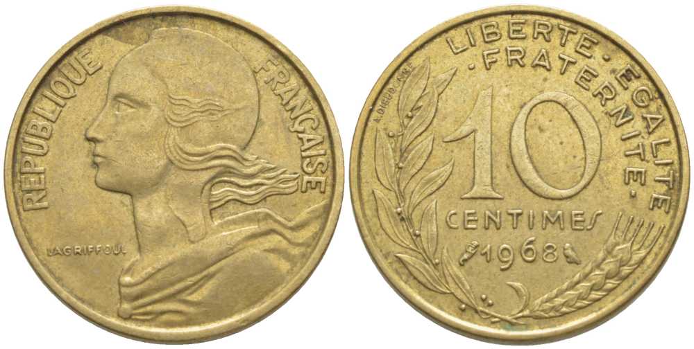 ФРАНЦИЯ 10 САНТИМОВ 1968 ТИП MARIANNE KM 929, LE FRANC 144.8 алюминиевая бронза 116-426