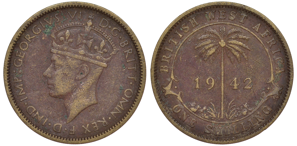 Британская Западная Африка 1 шиллинг 1942 Георг VI KM 23 никель латунь 25-2152