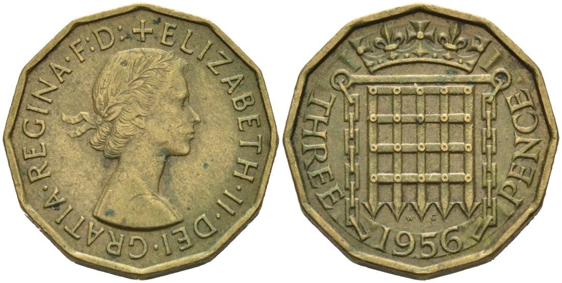 Великобритания 3 пенса 1956 Елизавета II (1952-2022) KM 900, Spink 4153 никель латунь 4561-1024