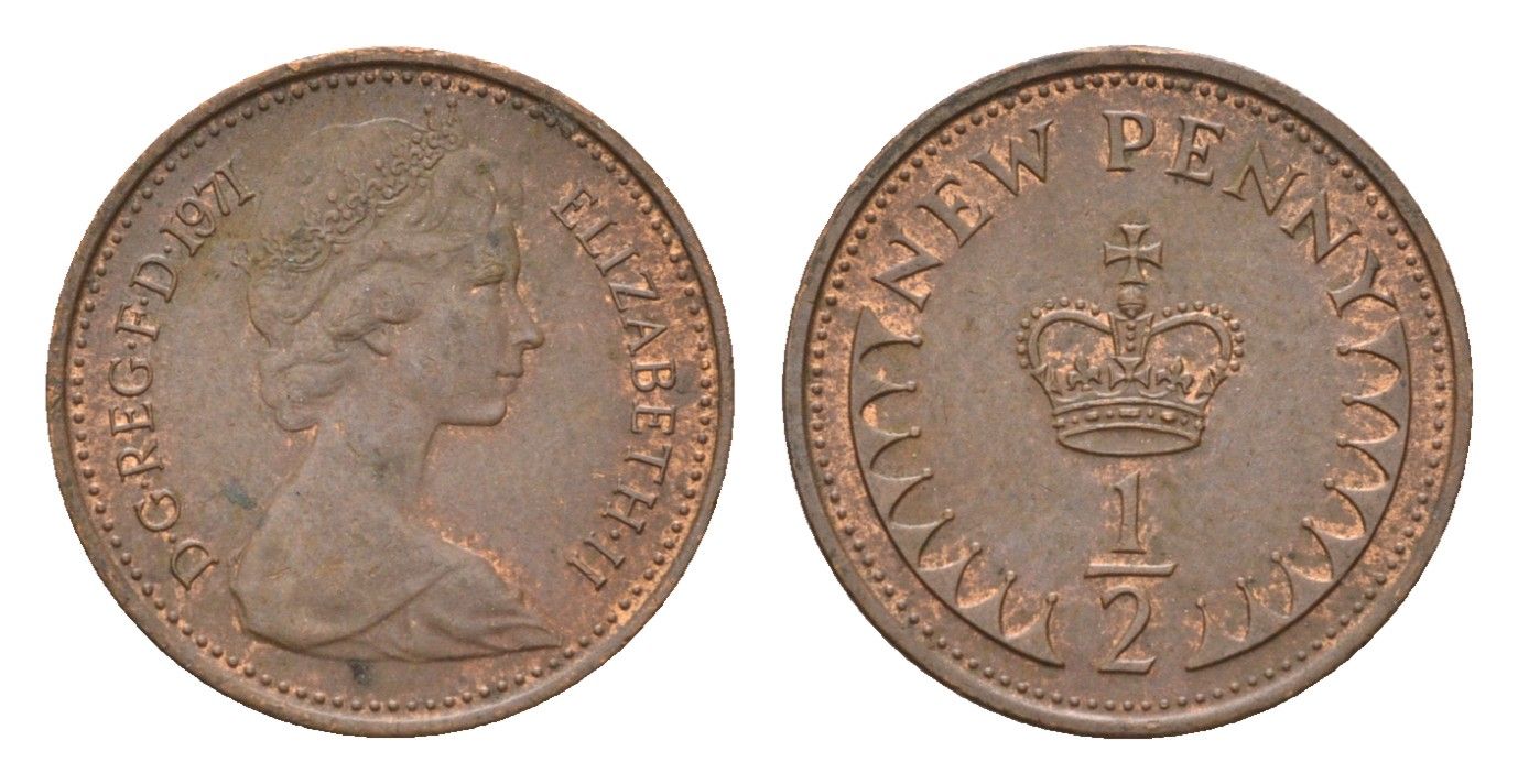 Великобритания 1/2 пенни 1971 Елизавета II (1952-2022) KM 914, Spink 4239 бронза 4708-335
